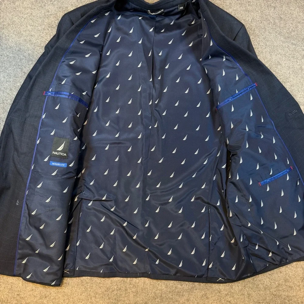 Nautica Mens 44R Modern Fit Active Stretch Blazer Gaff Blue Plaid NA00055